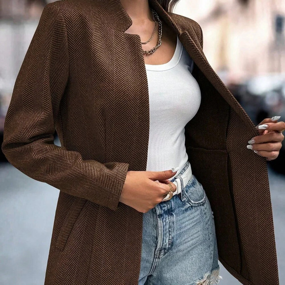 Coffee Brown Casual Women's Herringbone Pattern Long Sleeve Overcoat - Picture 6 of 7